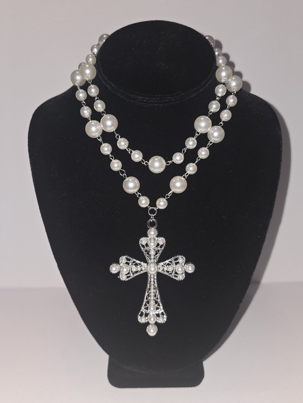 Elegant Pearlescent Beaded Layered Cross Necklace - White